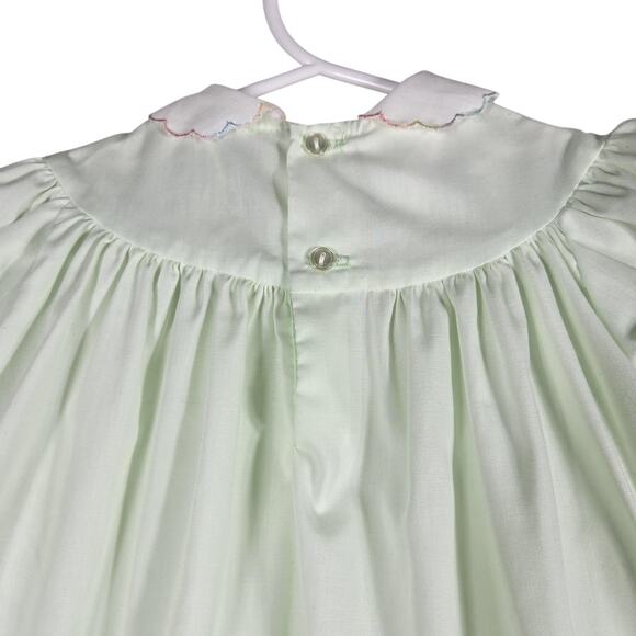 Polly Flinders Baby Dress 12M Green Hand Smocked Embroidered Vintage Ruffle Hem - Picture 7 of 9